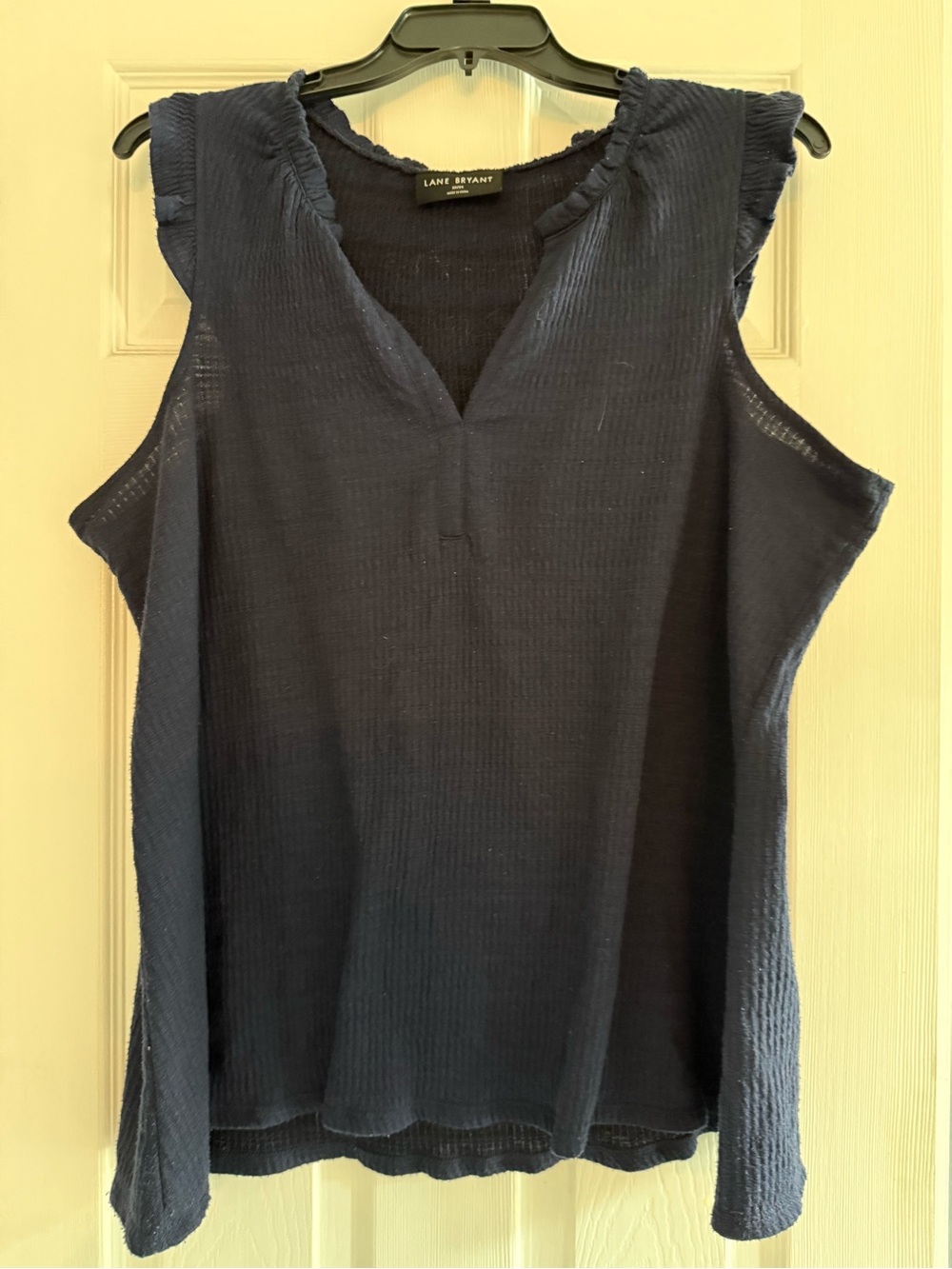 Lane Bryant Navy Textured Ruffle-Sleeve V-Neck Tank
